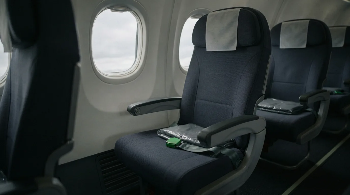 Poltrona de janela vazia dentro da cabine de um avião, com céu cinza na janela