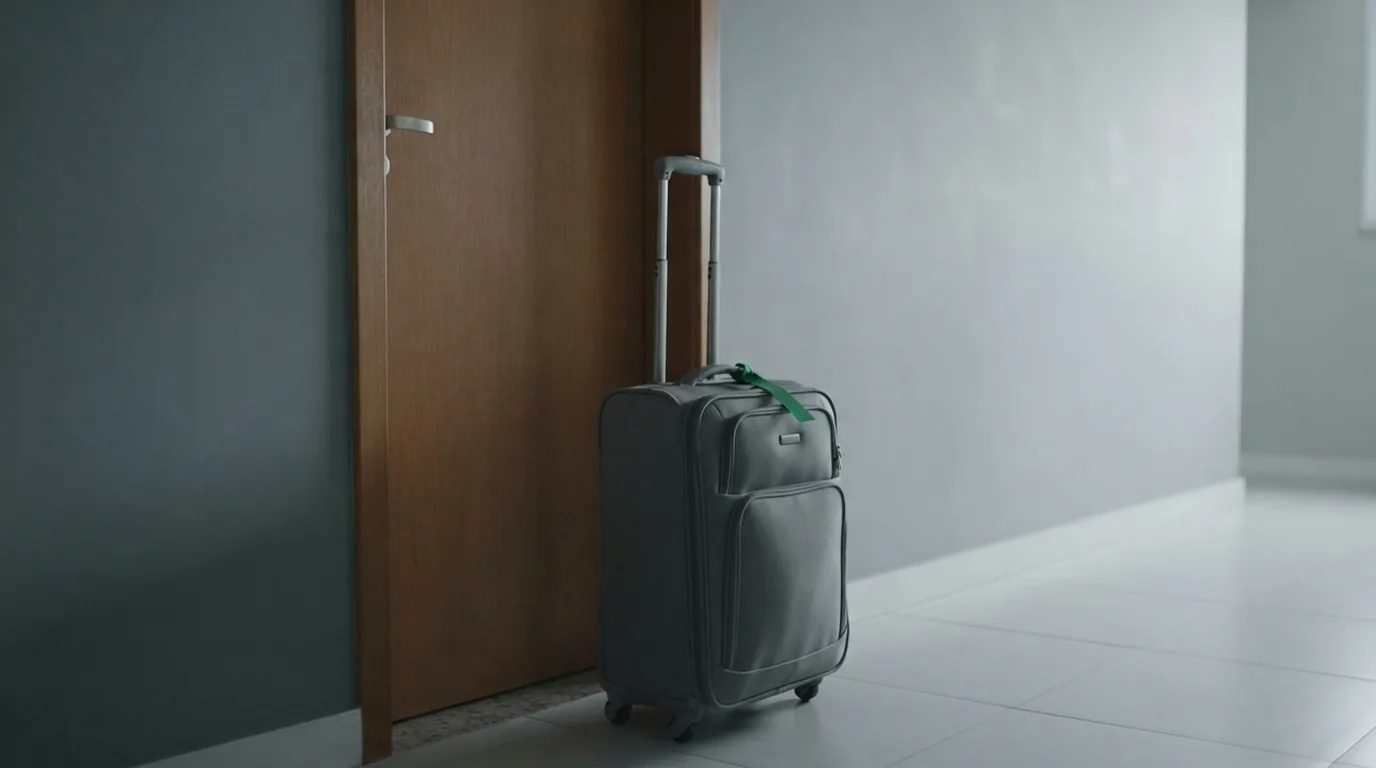 Mala de viagem fechada e intocada junto à porta de entrada de um apartamento
