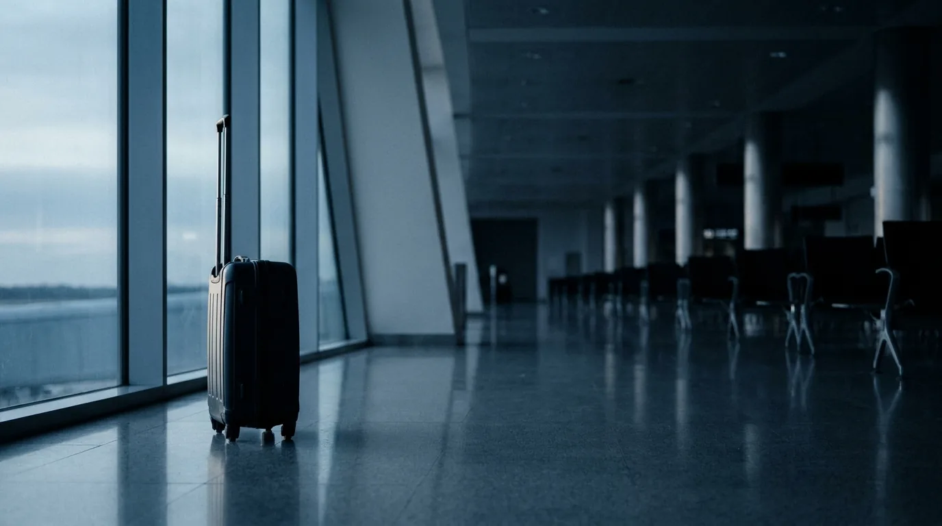 Mala sozinha diante da vidraça de um saguão de aeroporto vazio ao amanhecer